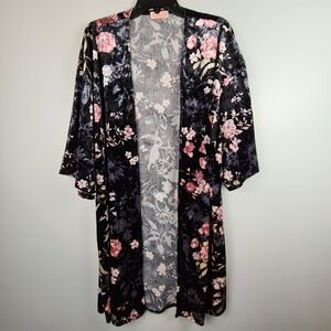 Blush Black Floral Velvet Duster Open Cardigan M/L Hippie Earthy Boho Festival